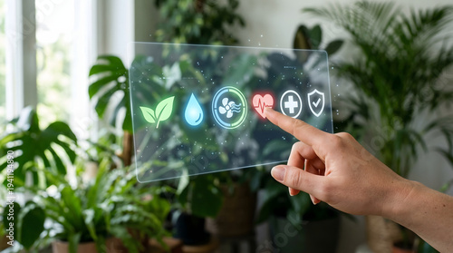 Human hand interacts with a smart transparent digital display, showcasing icons for plant health monitoring and environmental control within a modern indoor garden setting