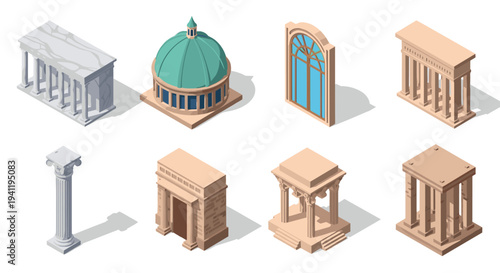 Isometric ancient architecture elements collection: temples, arches, and columns