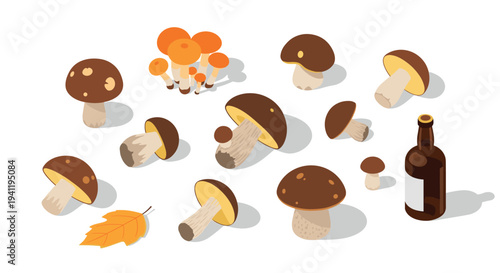 Isometric mushrooms and beer bottle with autumn leaf in flat design