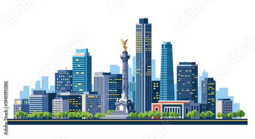 Modern city skyline with iconic monument and skyscrapers