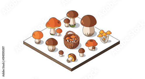 Isometric mushroom collection with assorted edible varieties in basket