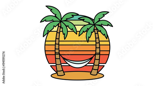 Tropical Sunset Dream: Embrace the serenity of a perfect sunset, framed by two palm trees and a hammock, inviting relaxation and the dream of tropical getaway.