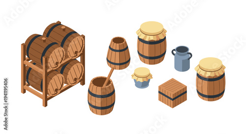 Collection of rustic wooden barrels and containers in isometric style