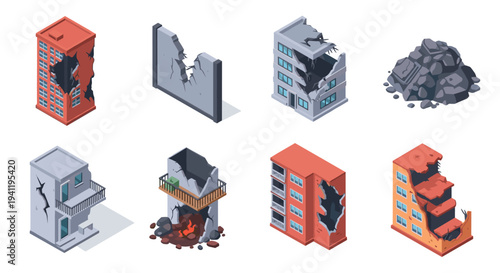 Isometric urban decay: crumbling buildings and destruction