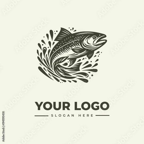 A vintage engraving-style logo featuring a fish jumping out of water, surrounded by dynamic splashes, set against a clean background with a woodcut aesthetic and space for a custom slogan.