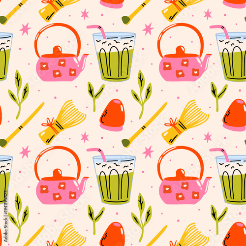Matcha Lover vector seamless pattern with illustration of japanese tea drink, matcha latte drink for shop, restaurant, kawaii cafe menu design, culinary food blog background