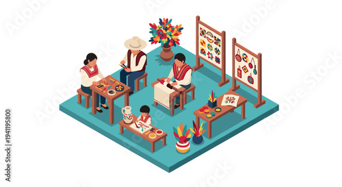 Isometric artisans creating colorful traditional crafts in a studio setting