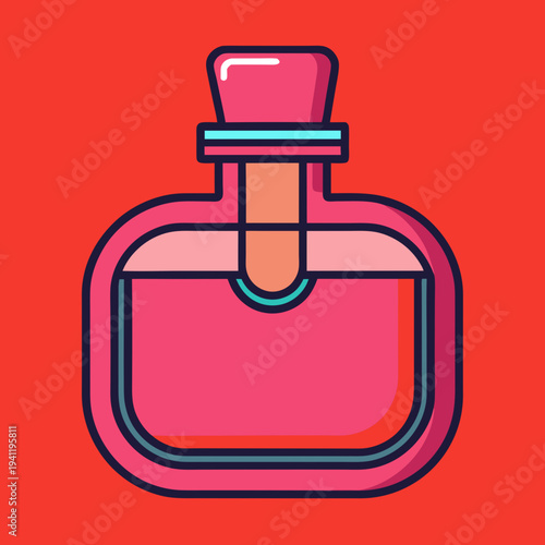 A vibrant illustration of a pink potion bottle with a cork stopper, set against a striking red background