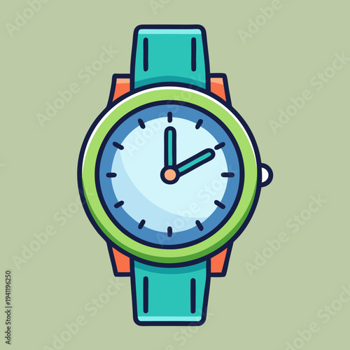 A charming cartoon illustration of a colorful wrist watch with teal strap and green bezel