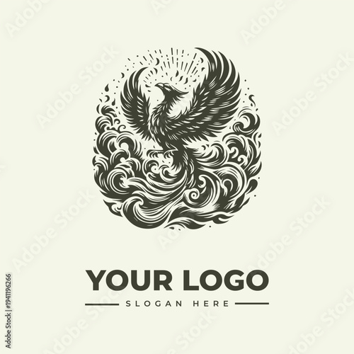 A vintage-style woodcut illustration of a phoenix rising from flames, surrounded by swirling waves, with a placeholder logo and slogan on a cream background.
