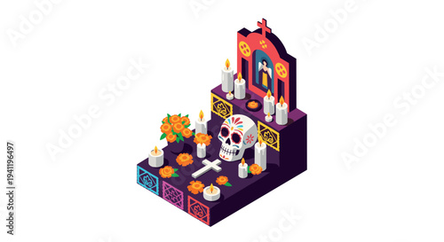 Colorful isometric day of the dead altar with sugar skull and marigolds