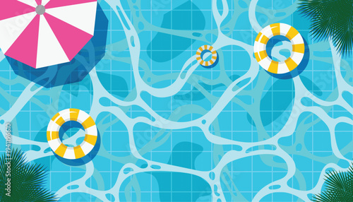 Top view swimming pool scene with inflatable float rings and a sun umbrella. Summer vacation, relaxation, and leisure concept in flat vector illustration.