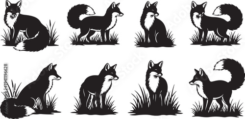 Black and white fox silhouettes in various poses illustration