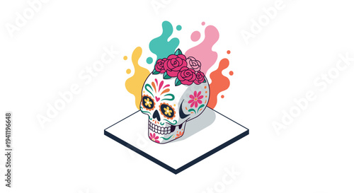 Colorful calavera skull with floral patterns and vibrant flames in isometric style