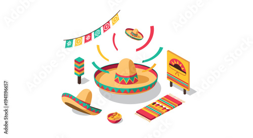 Isometric mexican celebration with sombreros and festive decorations