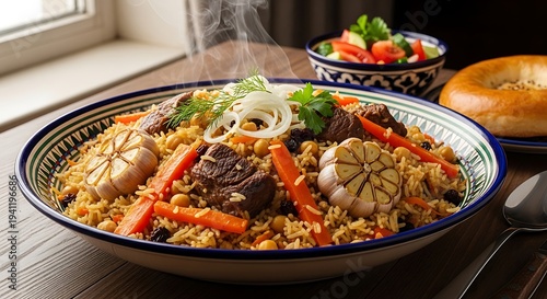 Traditional Plov with Meat and Vegetables.