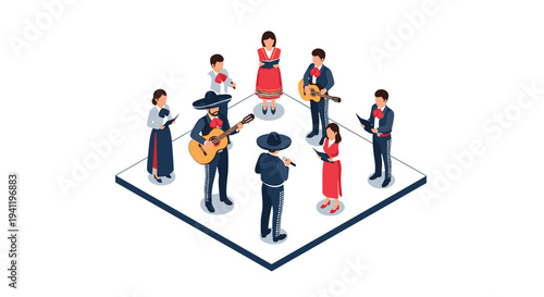 Isometric mexican mariachi band performance with traditional instruments and colorful attire