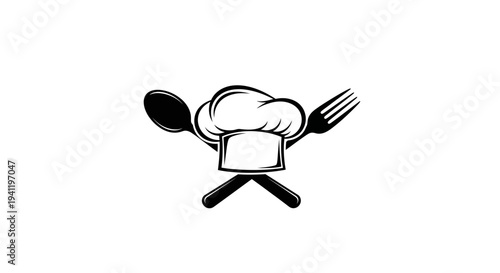 Elegant chef's toque emblem featuring crossed kitchen cutlery on a crisp white background