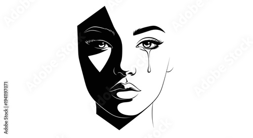 Emotive monochrome face illustration depicting a powerful contrast of light and shadow revealing