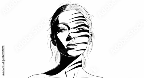 Striking graphic portrait of a woman's face adorned with bold, abstract light and shadow stripes