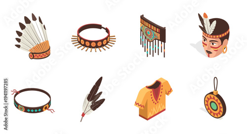 Traditional native american accessories in colorful isometric design