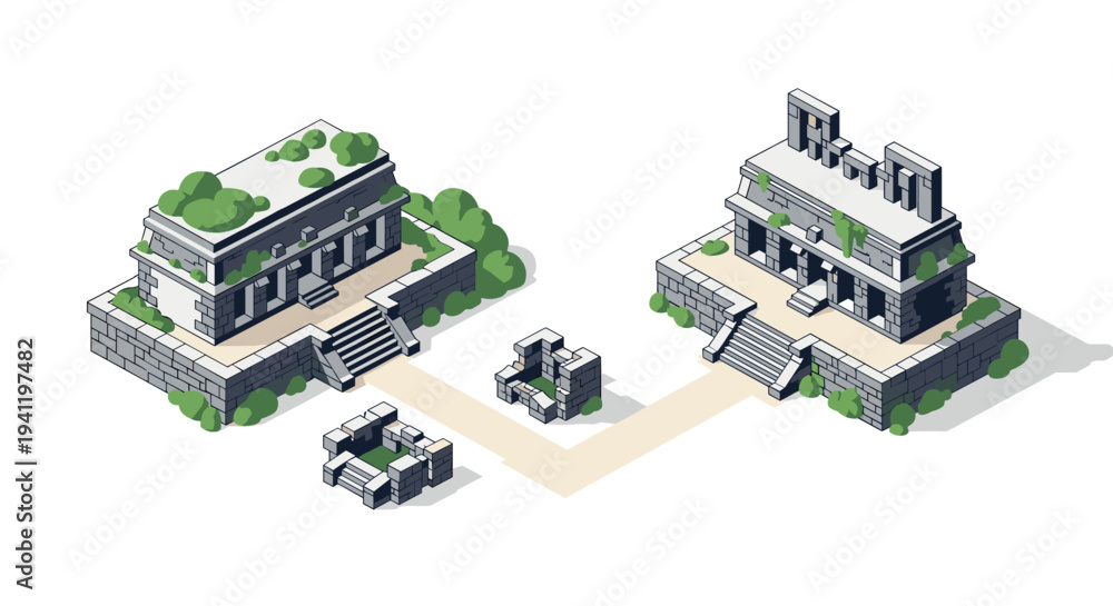 Obraz premium Isometric ancient ruins with greenery and stone pathway architecture