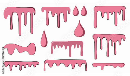 Hand drawn pink glaze drip vector collection strawberry syrup dessert topping elements isolated on white background