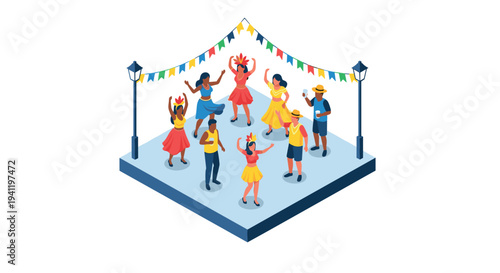 Festive celebration with dancers and music in vibrant isometric style