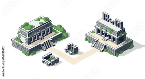 Isometric ancient ruins with greenery and stone pathway architecture
