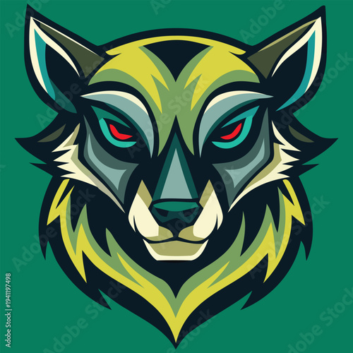 Vector illustration of a wolf head with colorful eyes on green background