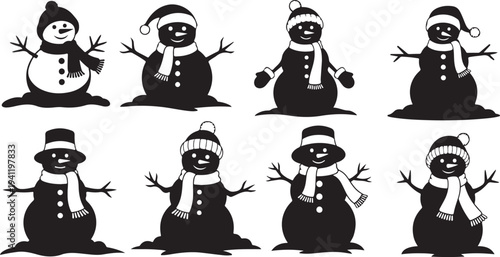 Set of cute snowmen in various poses and hats