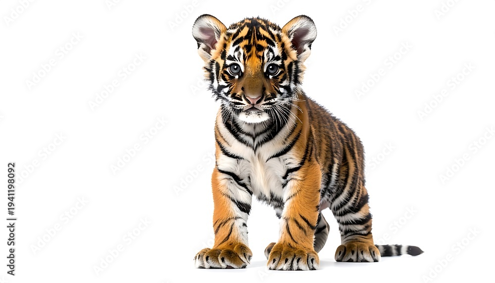 Fototapeta premium Tiger Cub Standing on White Background.