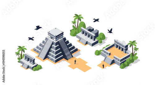 Ancient mayan ruins in isometric style with temples and palm trees