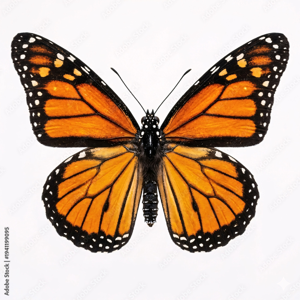 Fototapeta premium Monarch Butterfly Vivid Orange Wings and Black Veins Isolated on White Background