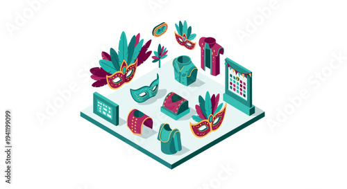 Carnival celebration: colorful isometric masks and costumes