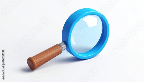 A 3D rendered, close-up of a magnifying glass. Blue frame with a wood handle is resting on a white, clean background