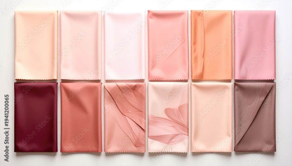 Fototapeta premium Neatly arranged array of folded fabric pieces in various pink and brown hues atop a white surface, clean and organized