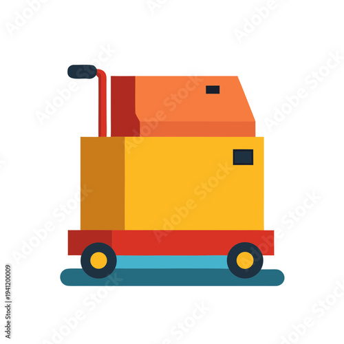 Yellow mini garbage compactor on red wheels isolated flat design