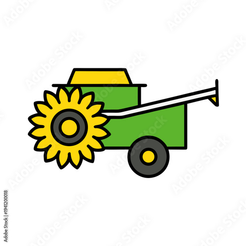 Green combine harvester with sunflower header in field