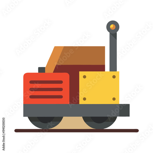 Yellow road roller compactor machine on railway construction site