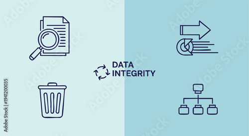 Data Integrity Concept. Icons for analysis, deletion, processing, and organization.