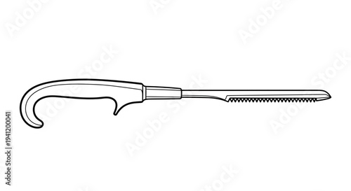 Precise line art of a surgical bone saw, highlighting its ergonomic handle and finely serrated blade