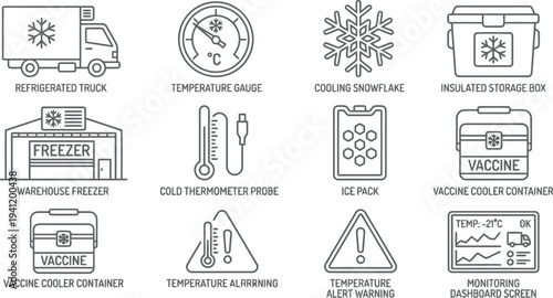 Temperature control icons set, refrigeration truck, vaccine storage, freezer, thermometer