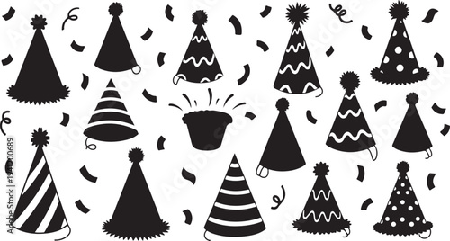 Black and white party hats with confetti celebration icons