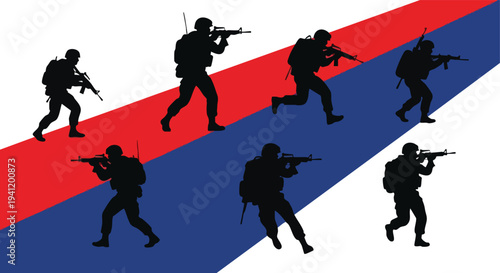 Military Soldiers Silhouette. Army Action. Combat Readiness. Patriotic Background.