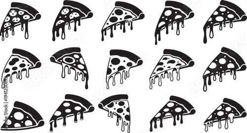 Illustration of various pizza slices with melted cheese dripping