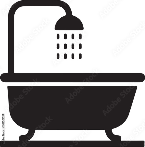 Bathroom bathtub with shower illustration in black vector graphic design