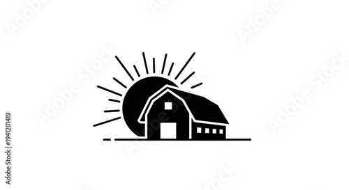 Modern black barn outline with radiant sunbeams symbolizing rural agriculture and serene farm life