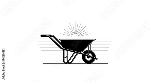 Monochromatic wheelbarrow and sun illustration, representing outdoor effort and growth