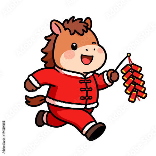 [Vector EPS]Cute cartoon horse wearing red clothes holding firecrackers running